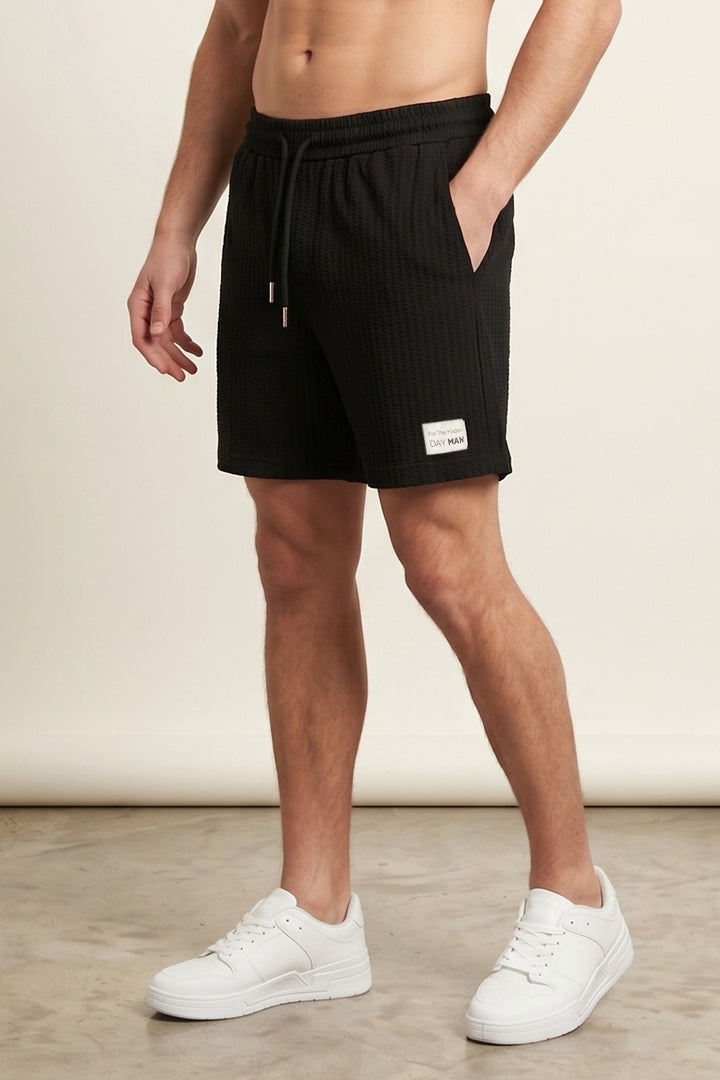 Vertical Stripe Textured Shorts - Black-2-MENDEEZ