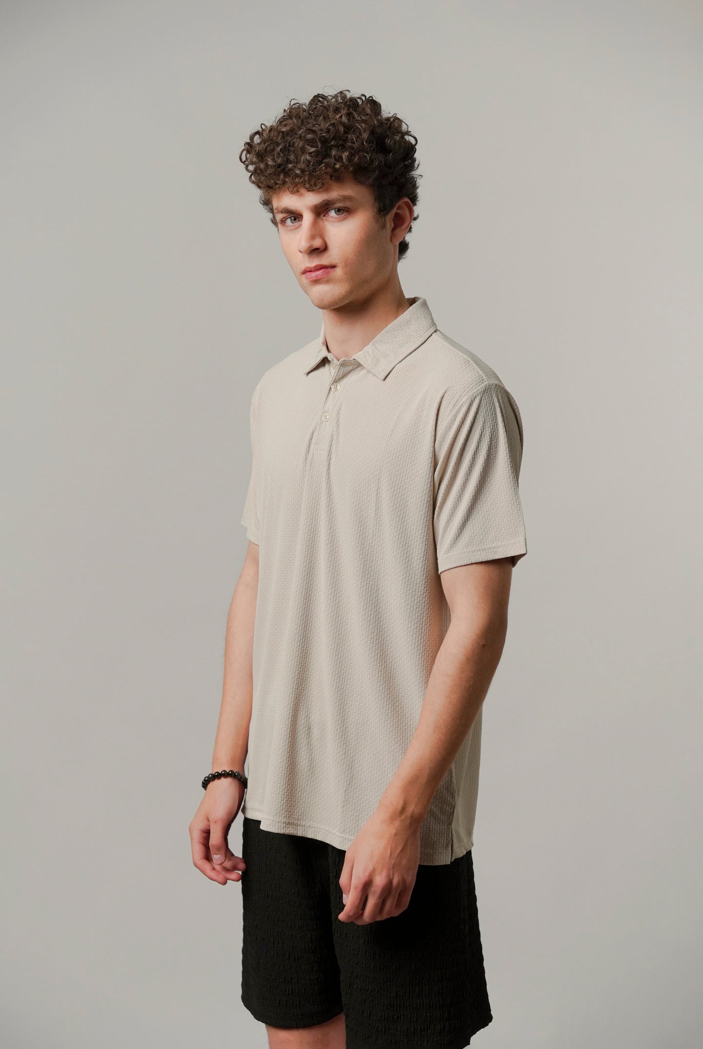 Textured Polo - Beige-2-MENDEEZ