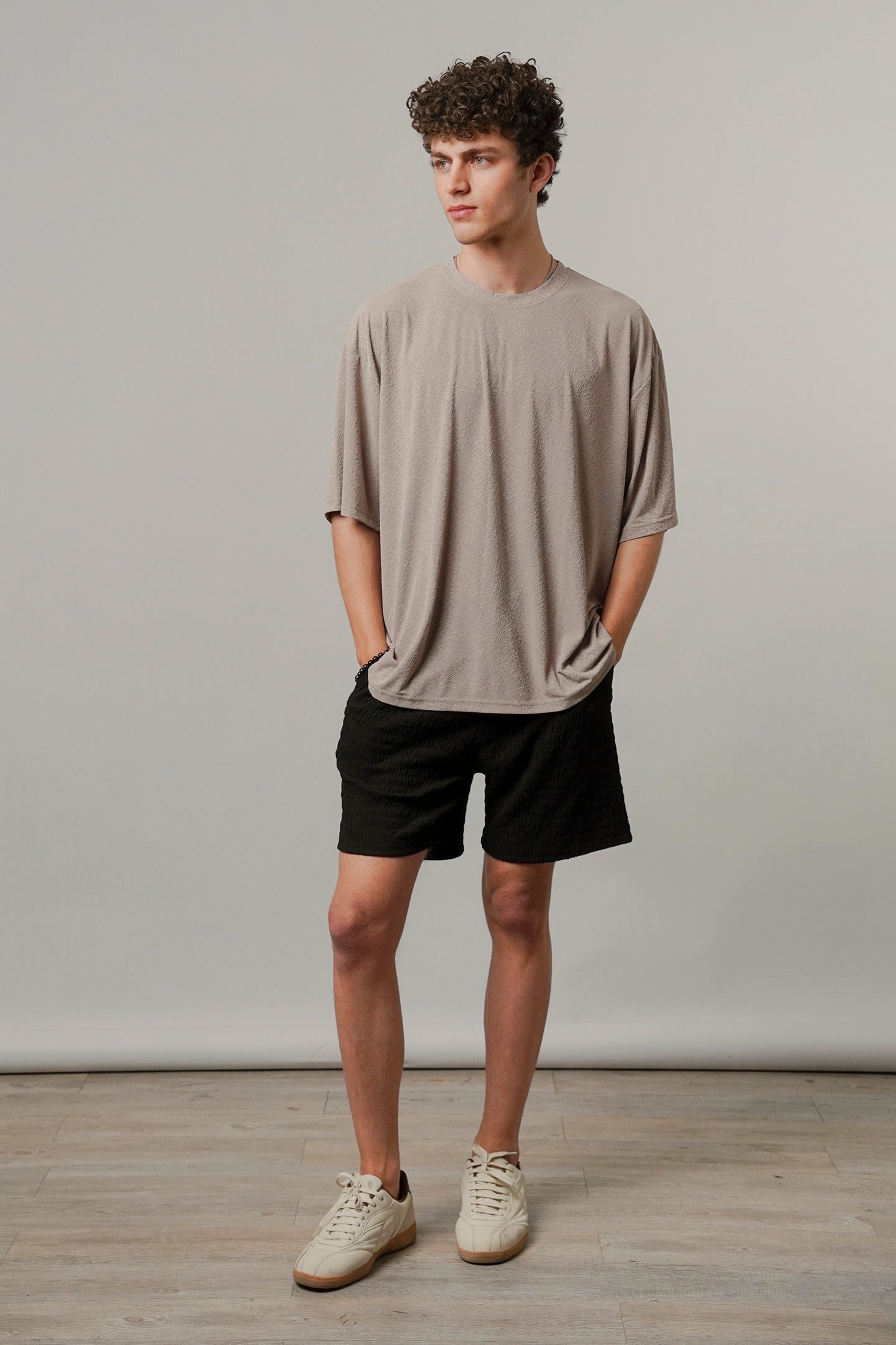 Oversized Texture Crew T-Shirt - Khaki Beige-1-MENDEEZ