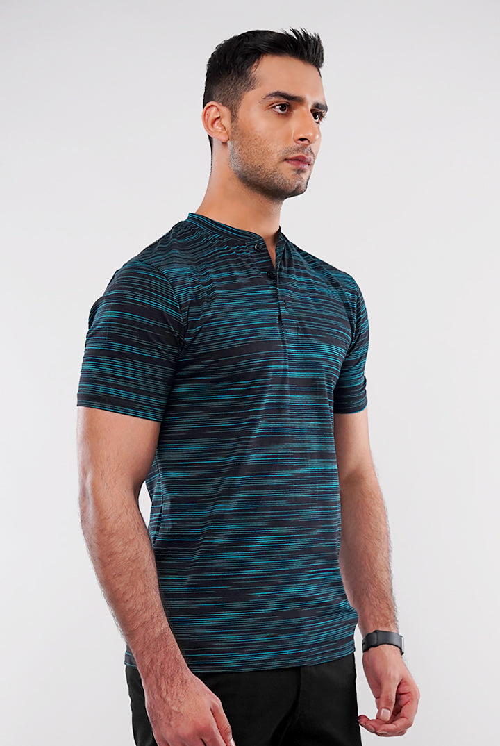 Printed Henley T-Shirt - Black - Mendeez