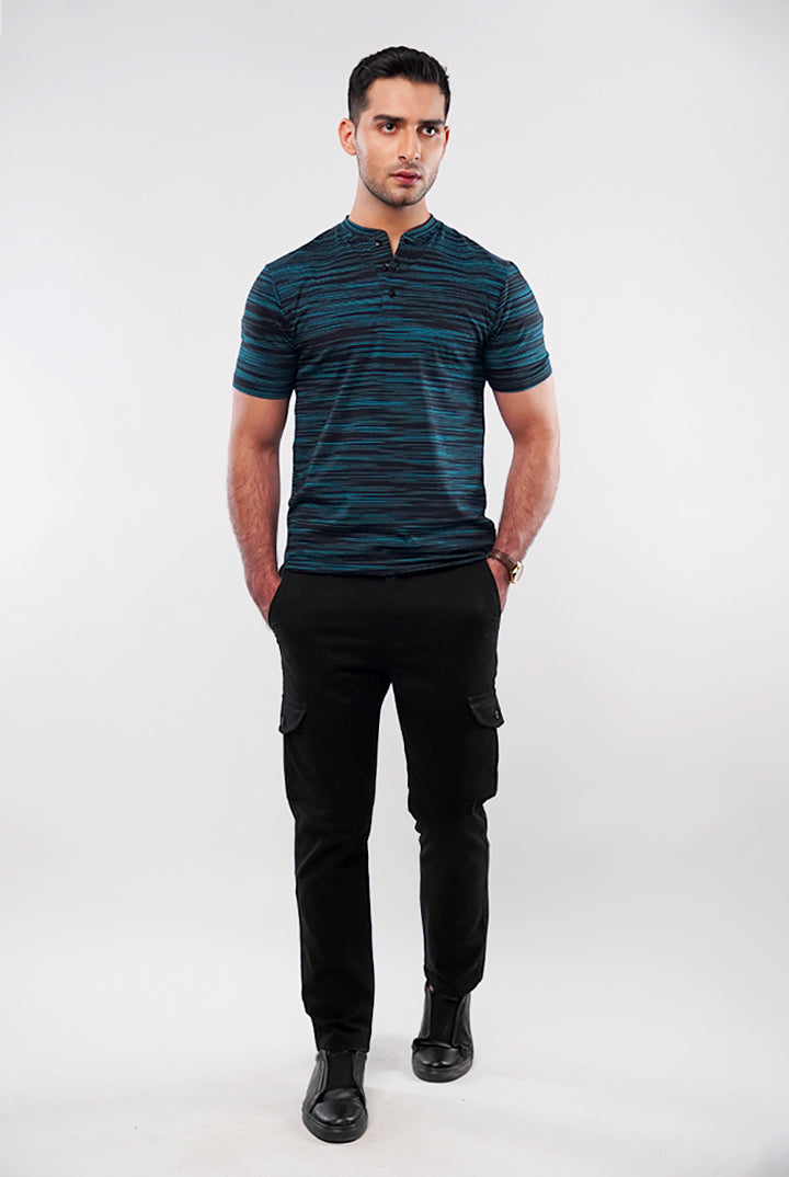 Printed Henley T-Shirt - Black - Mendeez