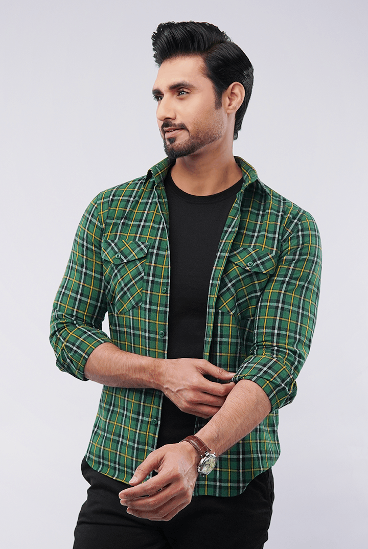 Checkered Button Down Shirt - Green & Yellow - Mendeez PK