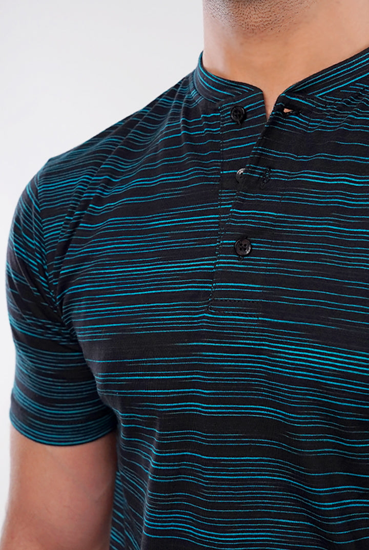 Printed Henley T-Shirt - Black - Mendeez