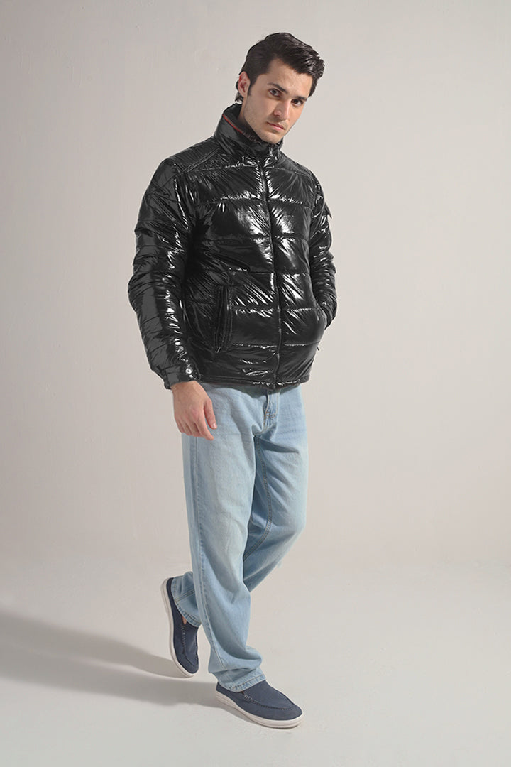Glossy Puffer Jacket - Black - Mendeez