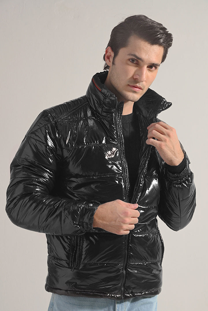 Glossy Puffer Jacket - Black - Mendeez
