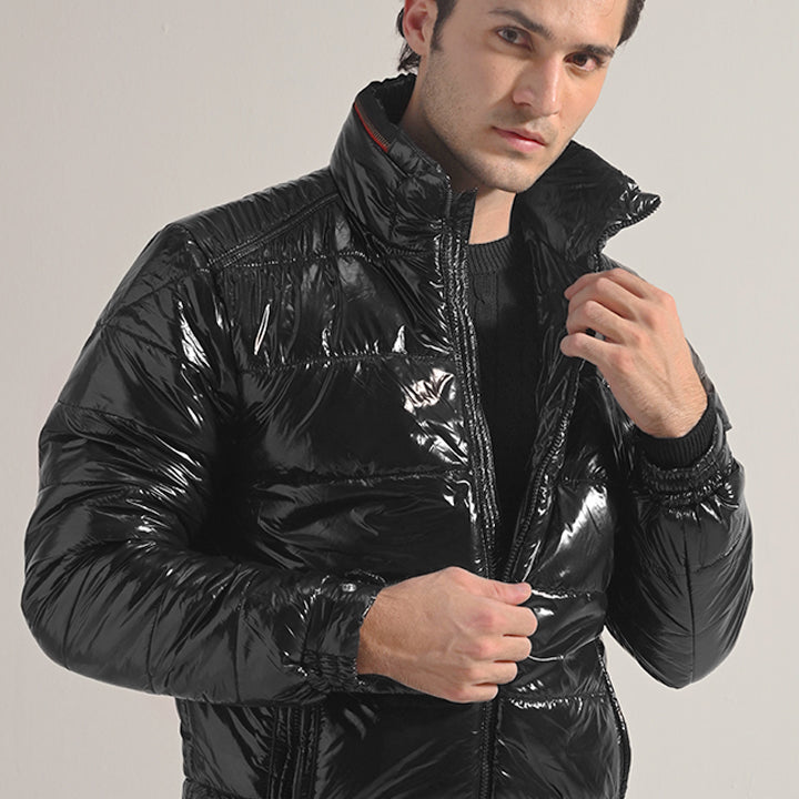 Glossy Puffer Jacket - Black - Mendeez