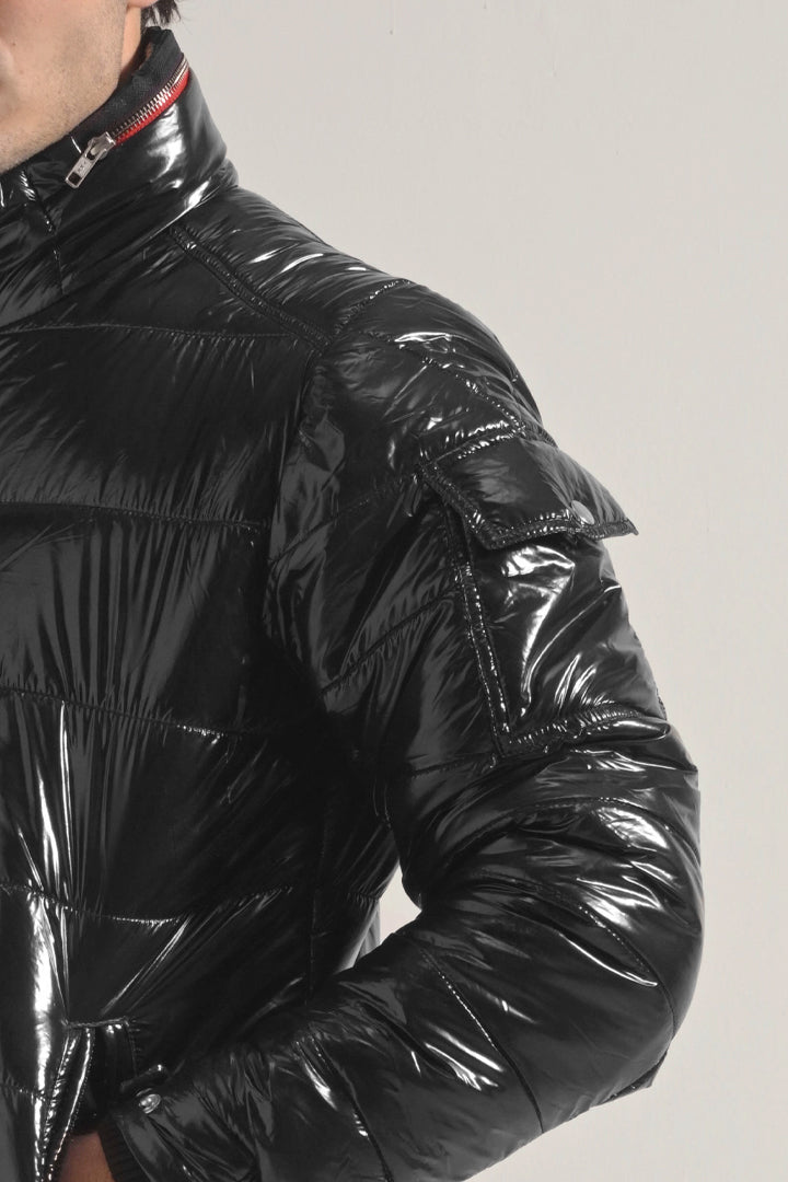 Glossy Puffer Jacket - Black - Mendeez