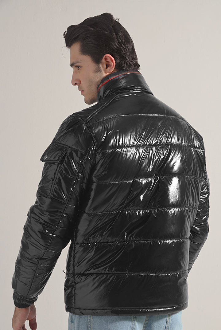 Glossy Puffer Jacket - Black - Mendeez