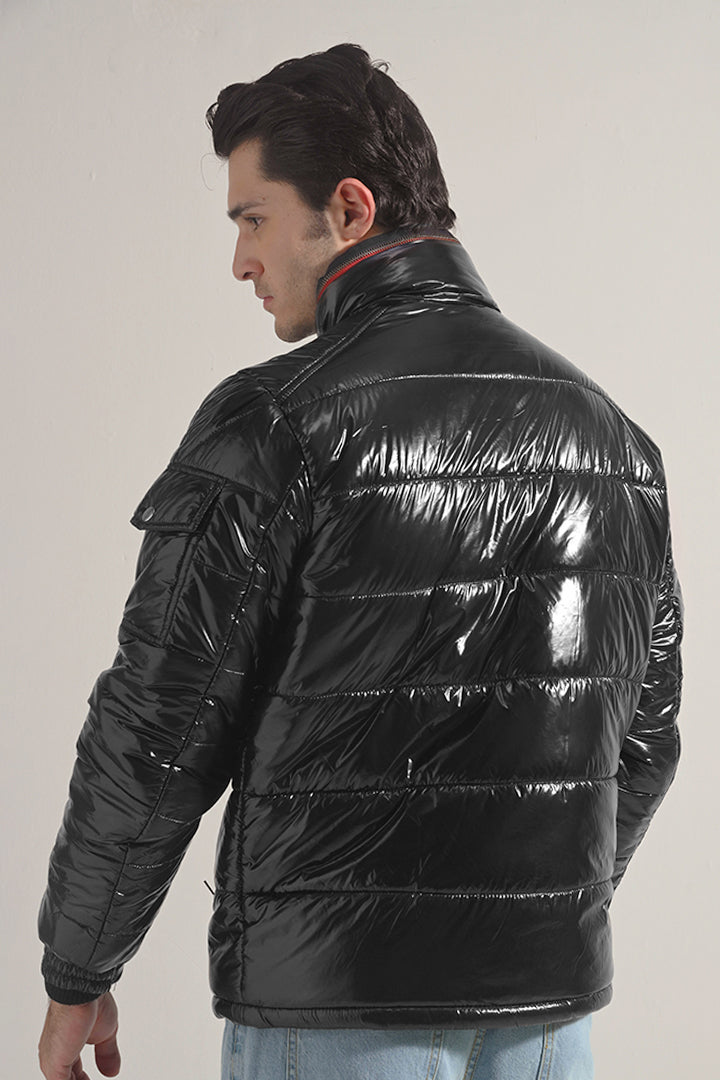 Glossy Puffer Jacket - Black - Mendeez