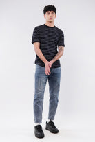 Striped Curved Hem T-Shirt - Black - Mendeez