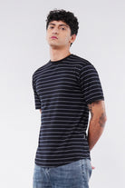Striped Curved Hem T-Shirt - Black - Mendeez