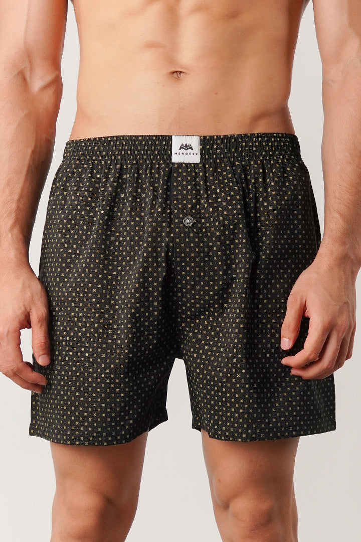 Printed Woven Boxer Shorts - Black - Mendeez
