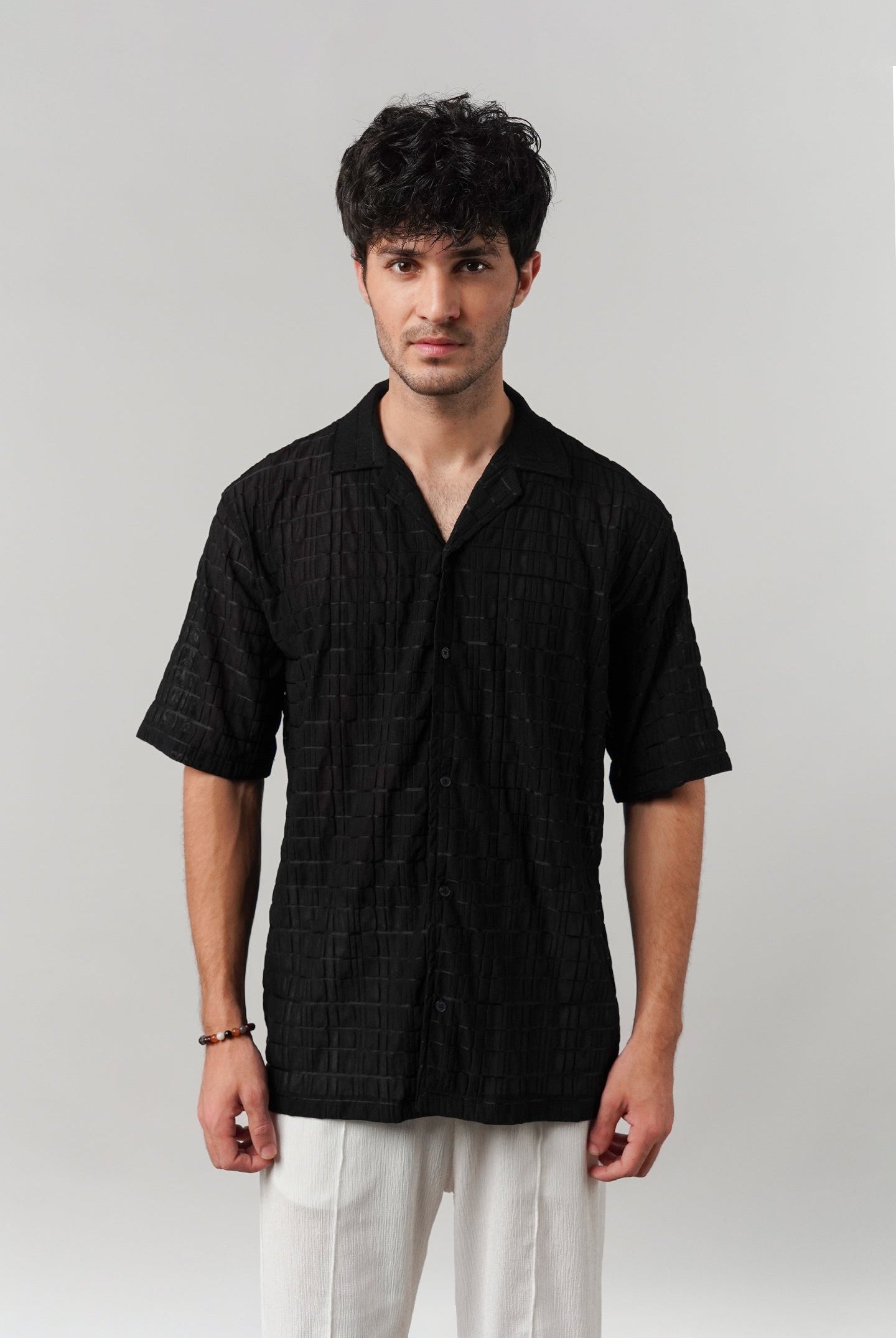 Knitted Cuban Shirt - Black - Mendeez