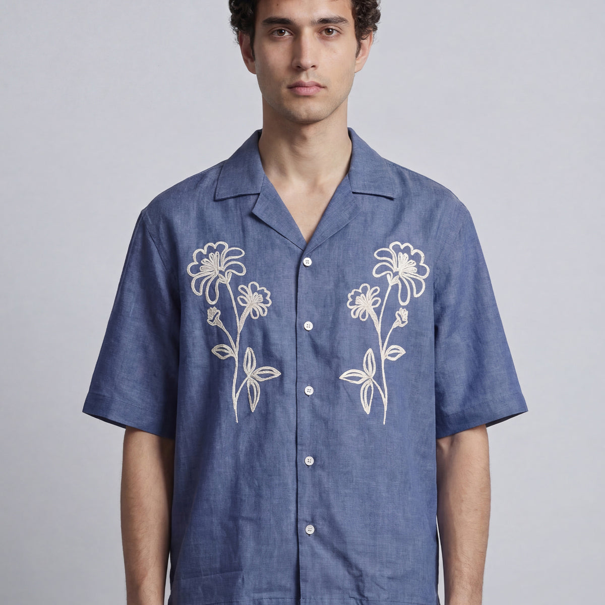 Embroidered Cuban Shirt - Blue - Mendeez