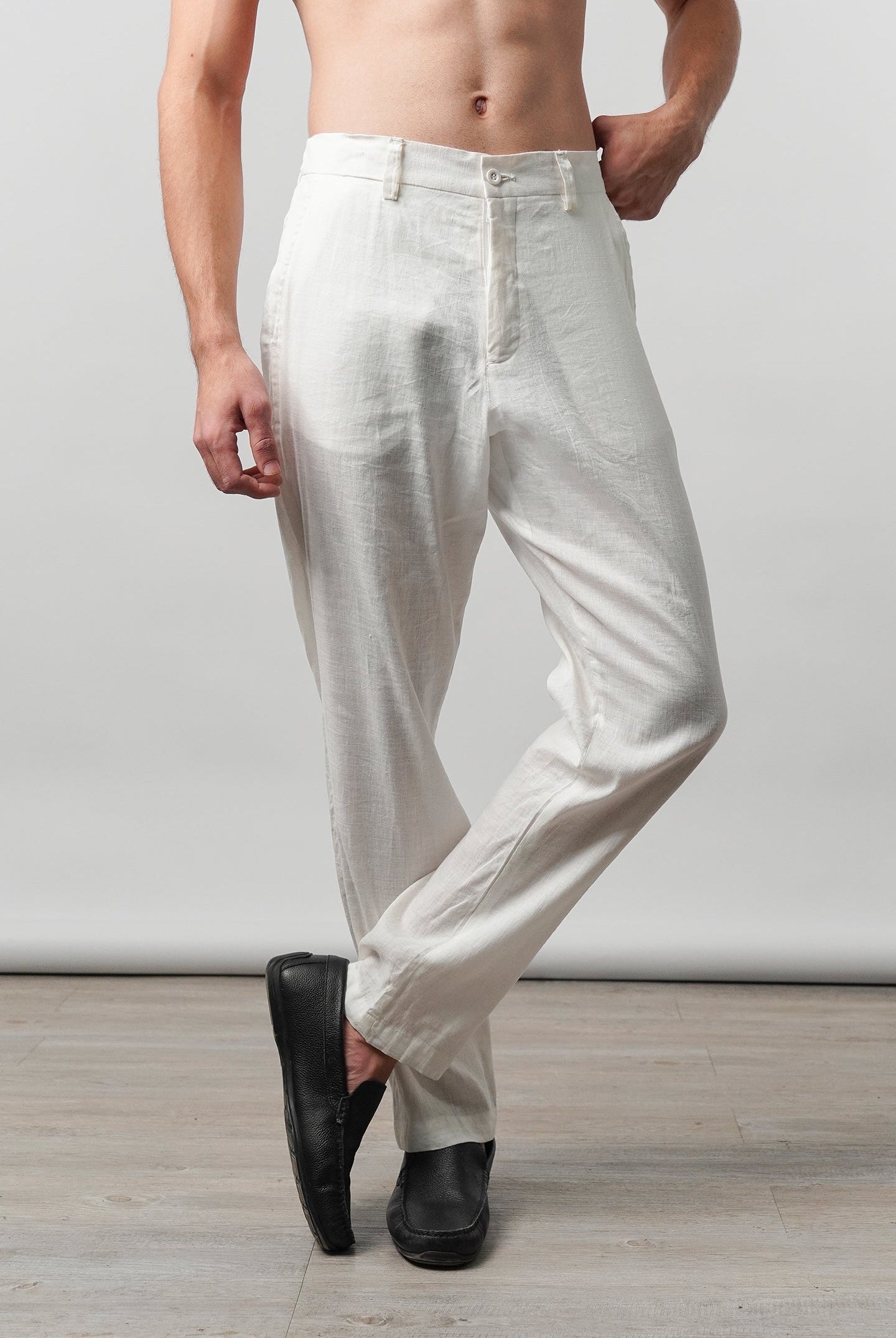 Straight Fit Linen Pants - White - Mendeez