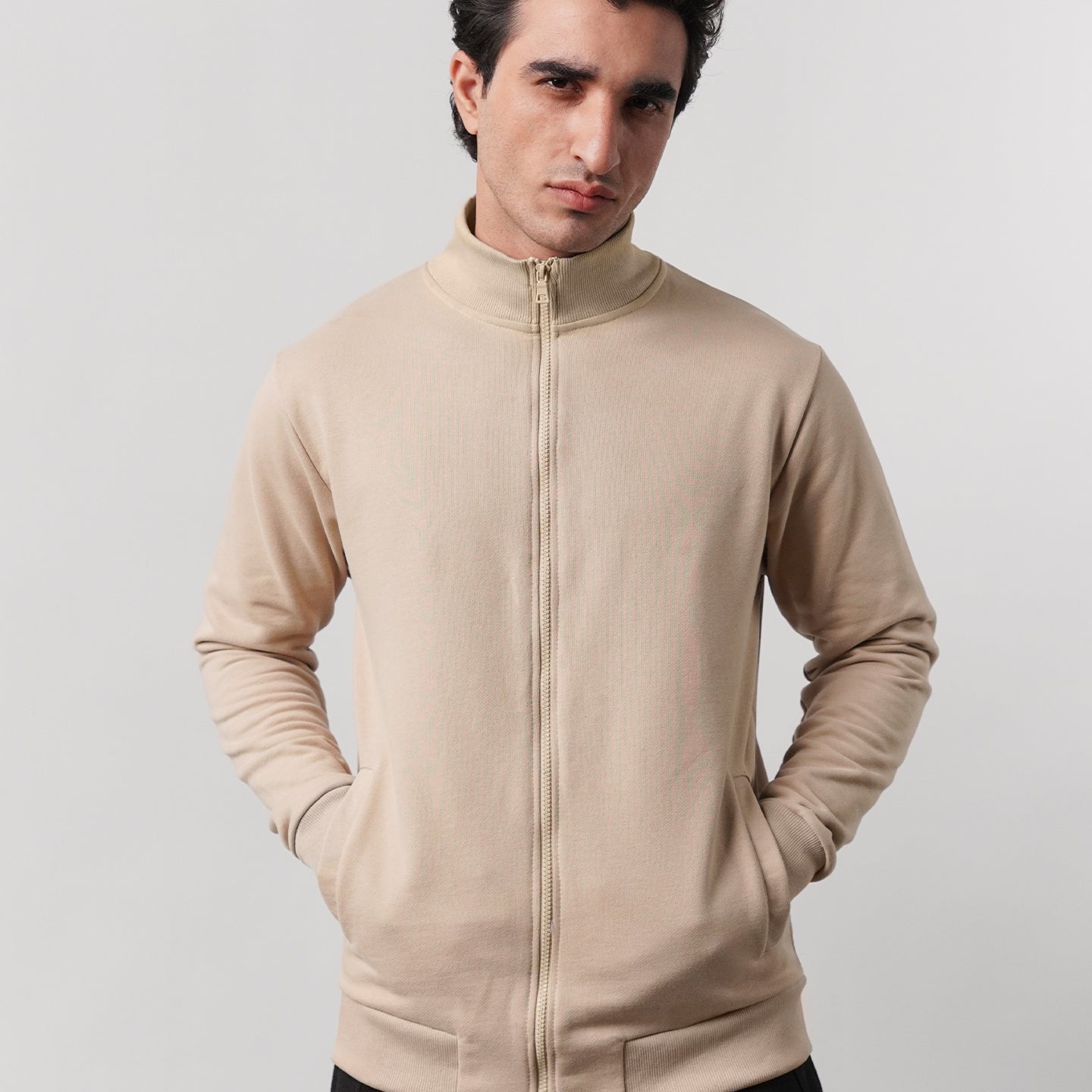 Stand-Up Collar Jacket - Beige - Mendeez