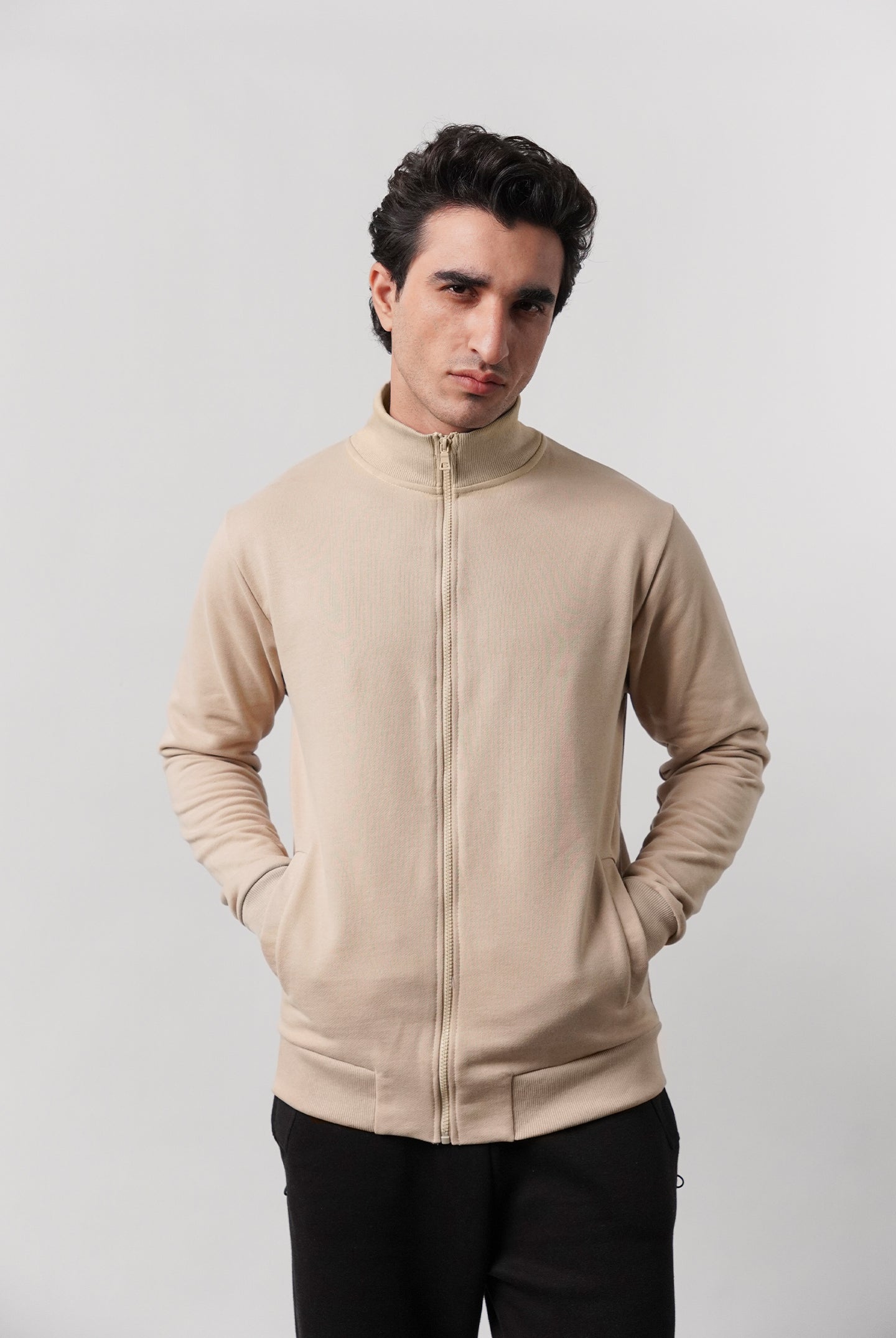 Stand-Up Collar Jacket - Beige - Mendeez