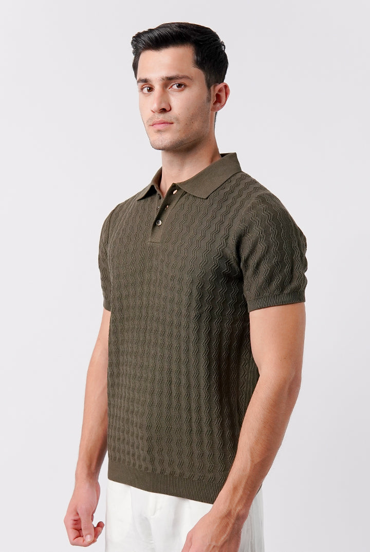 Textured Knit Polo Shirt - Army Green - Mendeez