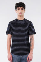 Striped Curved Hem T-Shirt - Black - Mendeez