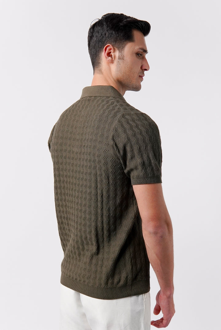 Textured Knit Polo Shirt - Army Green - Mendeez