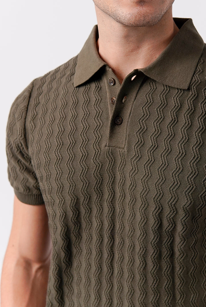 Textured Knit Polo Shirt - Army Green - Mendeez