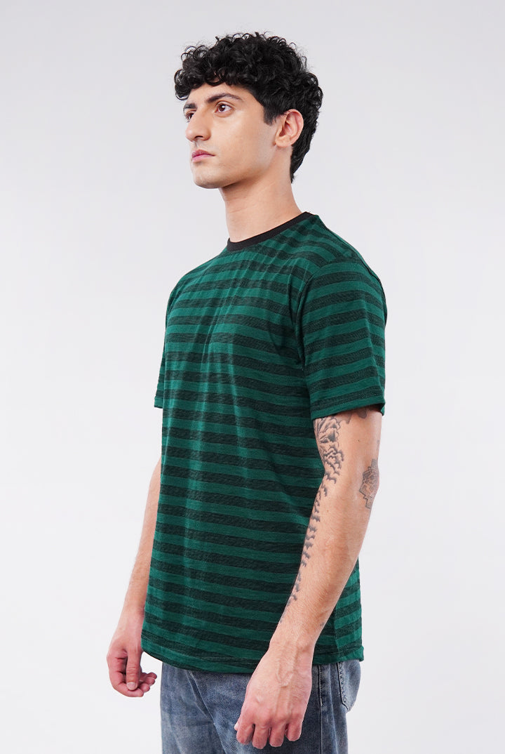 Striped Curved Hem T-Shirt - Green - Mendeez