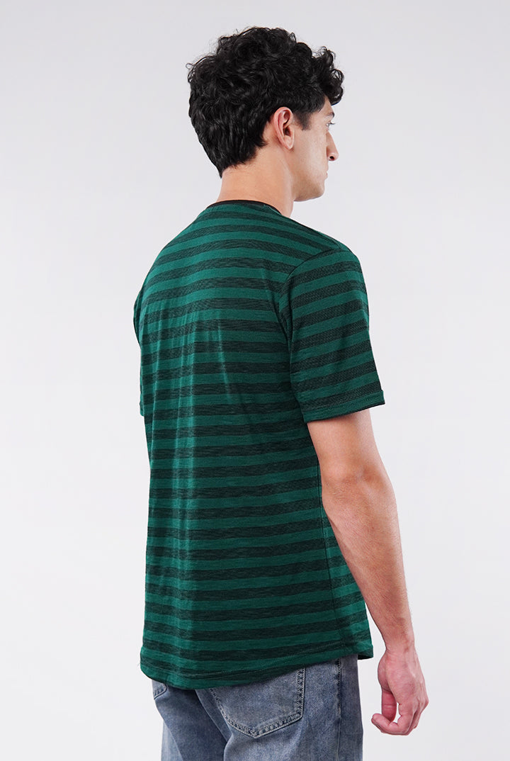 Striped Curved Hem T-Shirt - Green - Mendeez