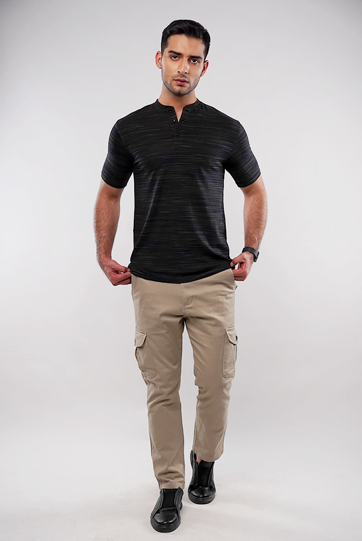 Printed Henley T-Shirt - Black - Mendeez