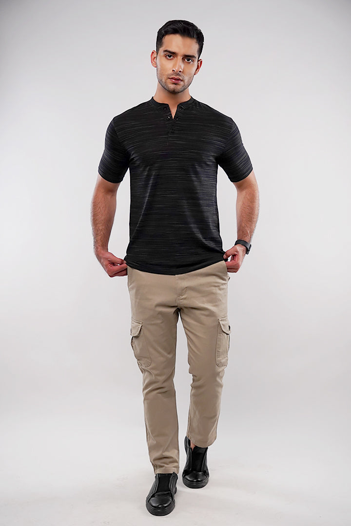 Printed Henley T-Shirt - Black - Mendeez