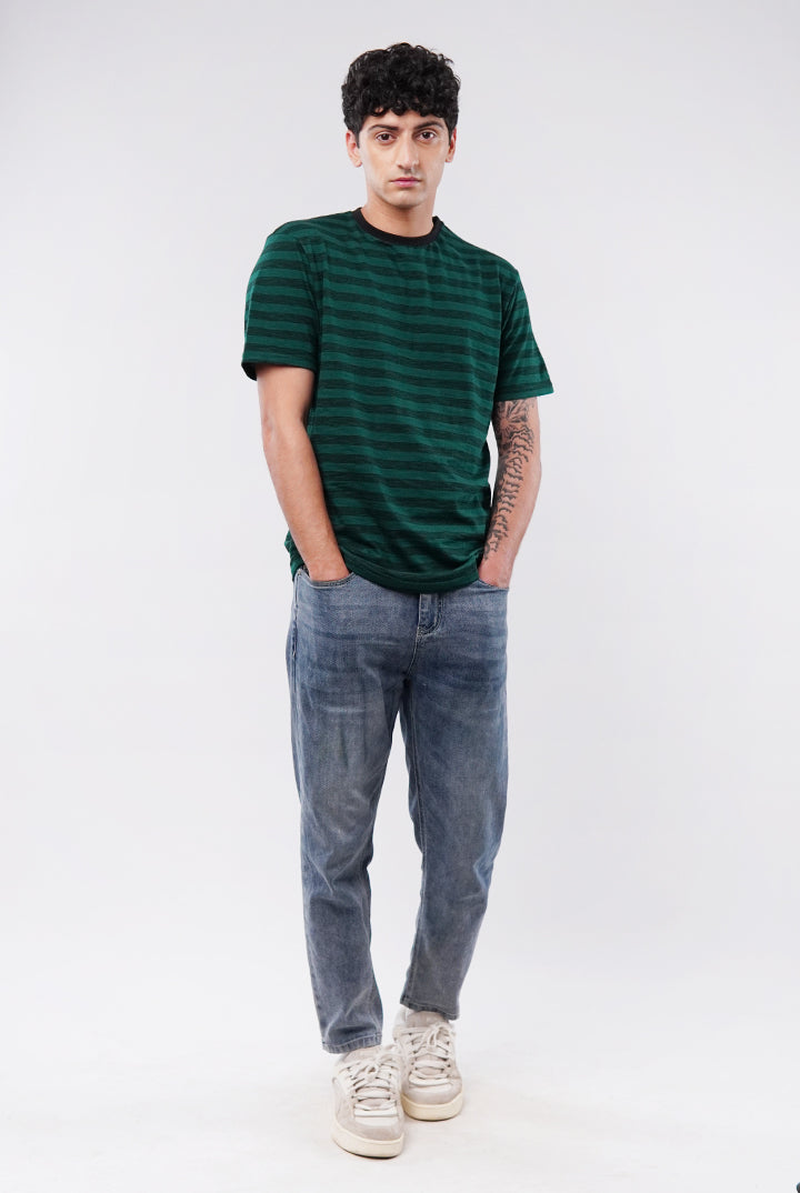 Striped Curved Hem T-Shirt - Green - Mendeez