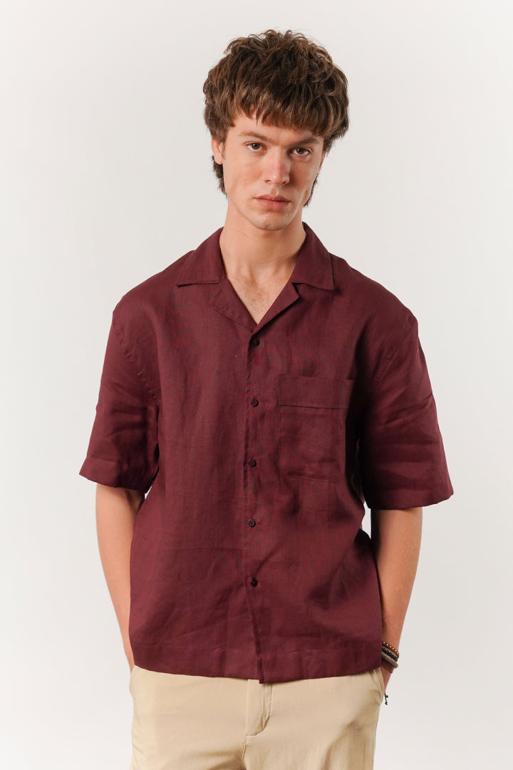 Box Fit Cuban Shirt - Maroon - Mendeez