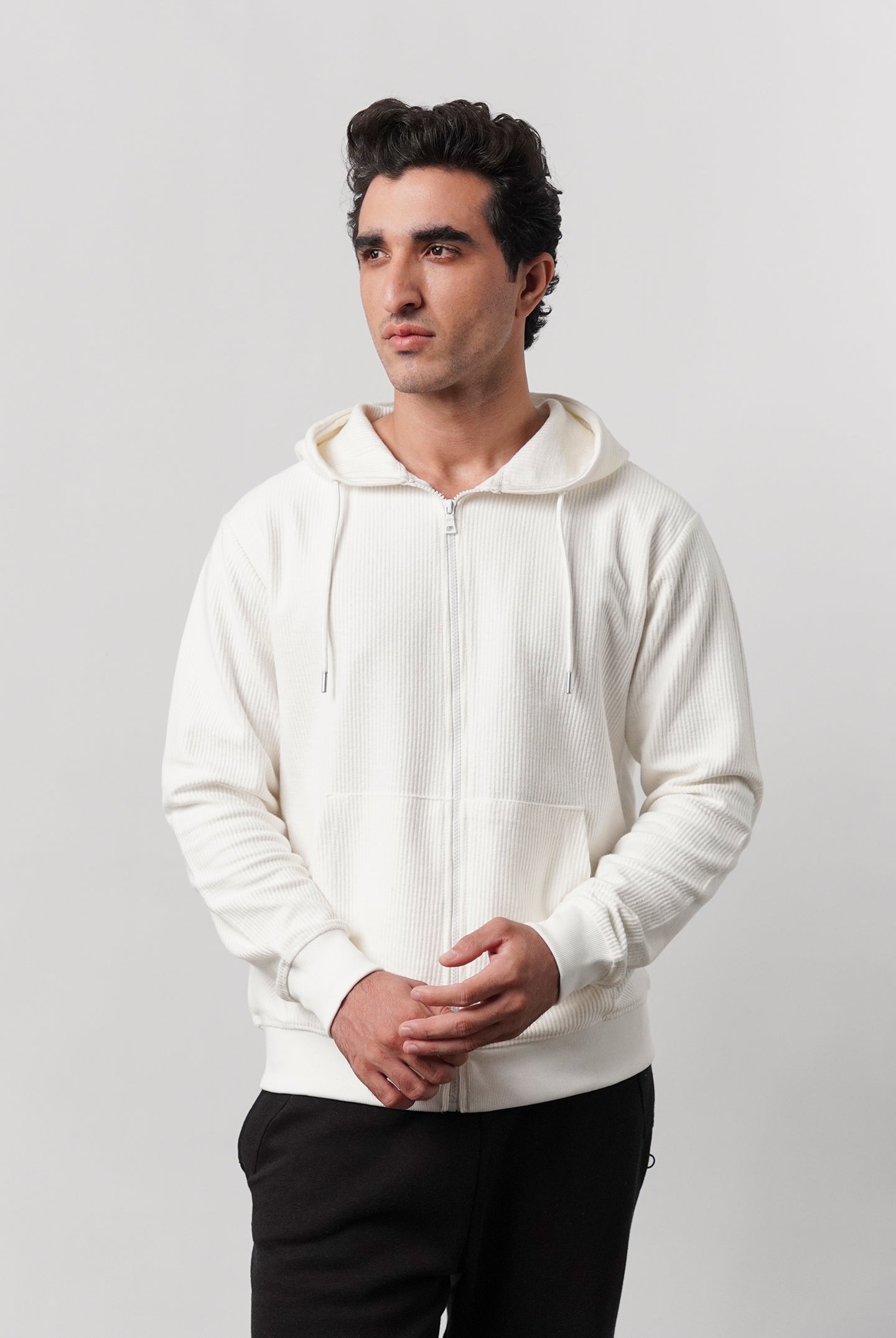 Textured Zipper Hoodie - White - Mendeez