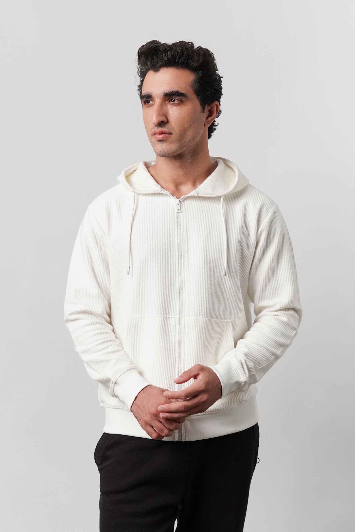 Textured Zipper Hoodie - White - Mendeez