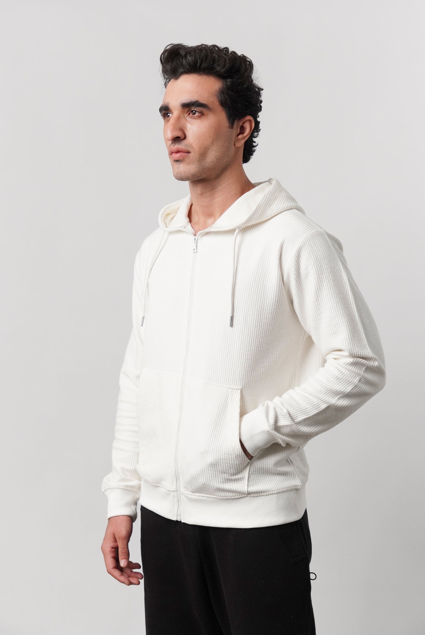 Textured Zipper Hoodie - White - Mendeez