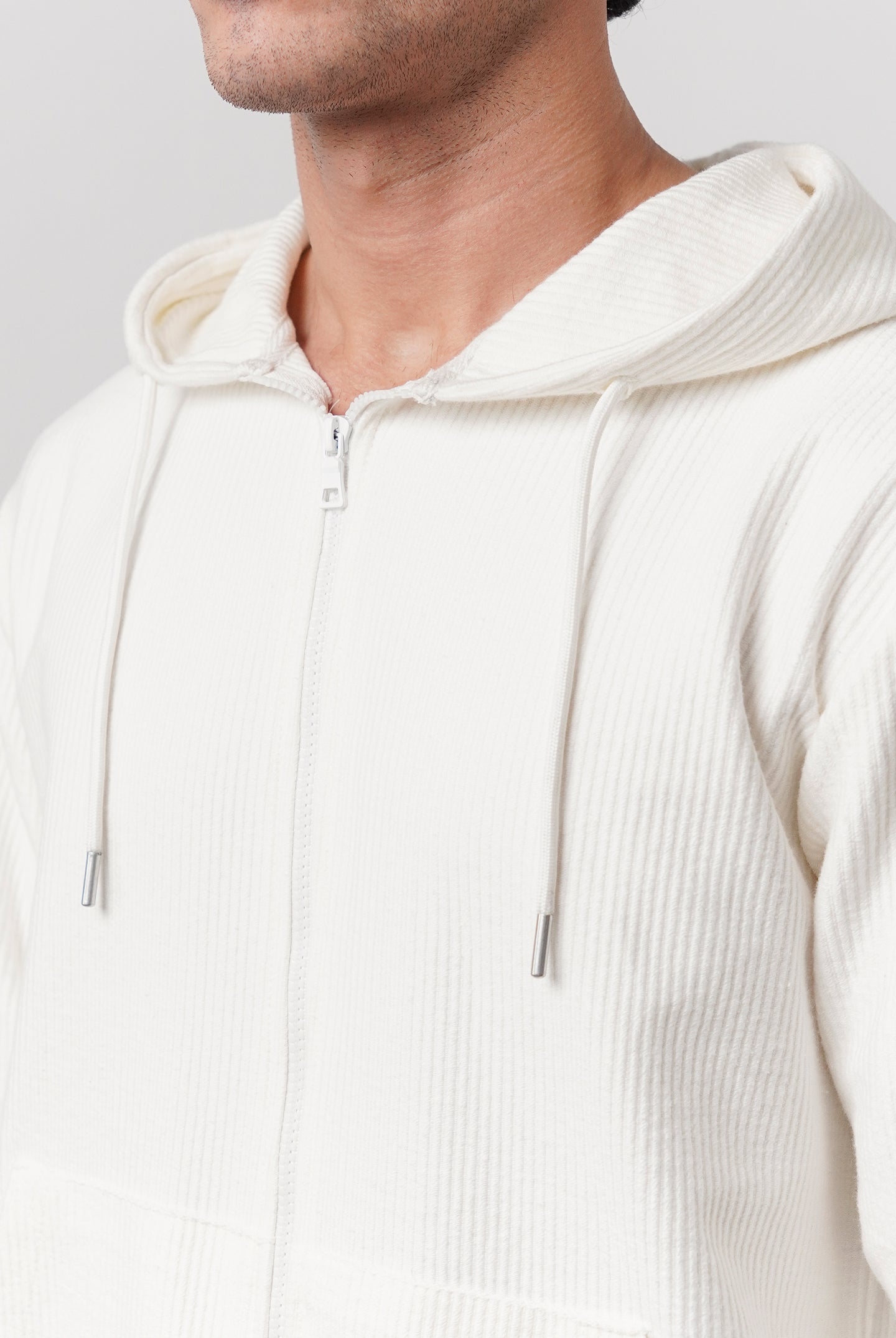 Textured Zipper Hoodie - White - Mendeez