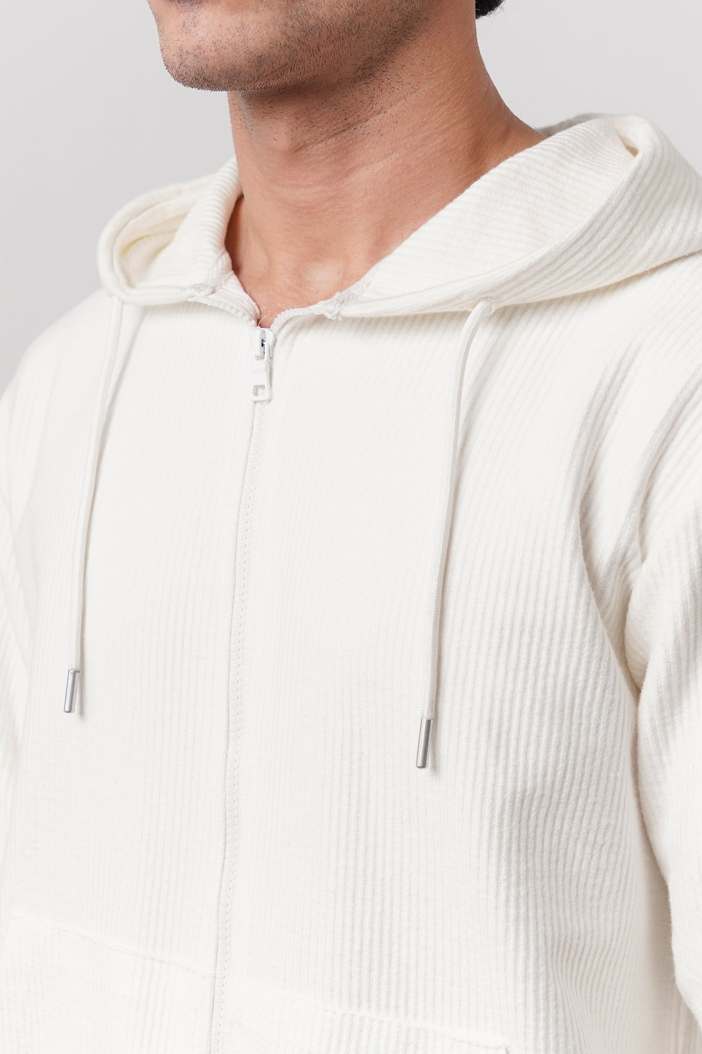 Textured Zipper Hoodie - White - Mendeez