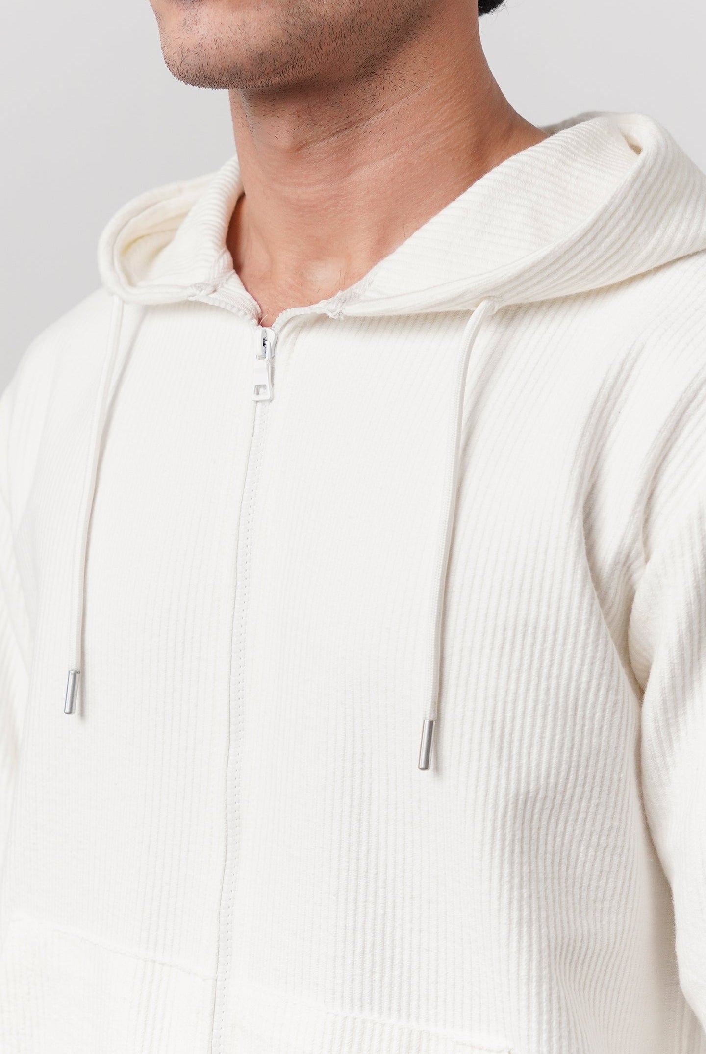 Textured Zipper Hoodie - White - Mendeez