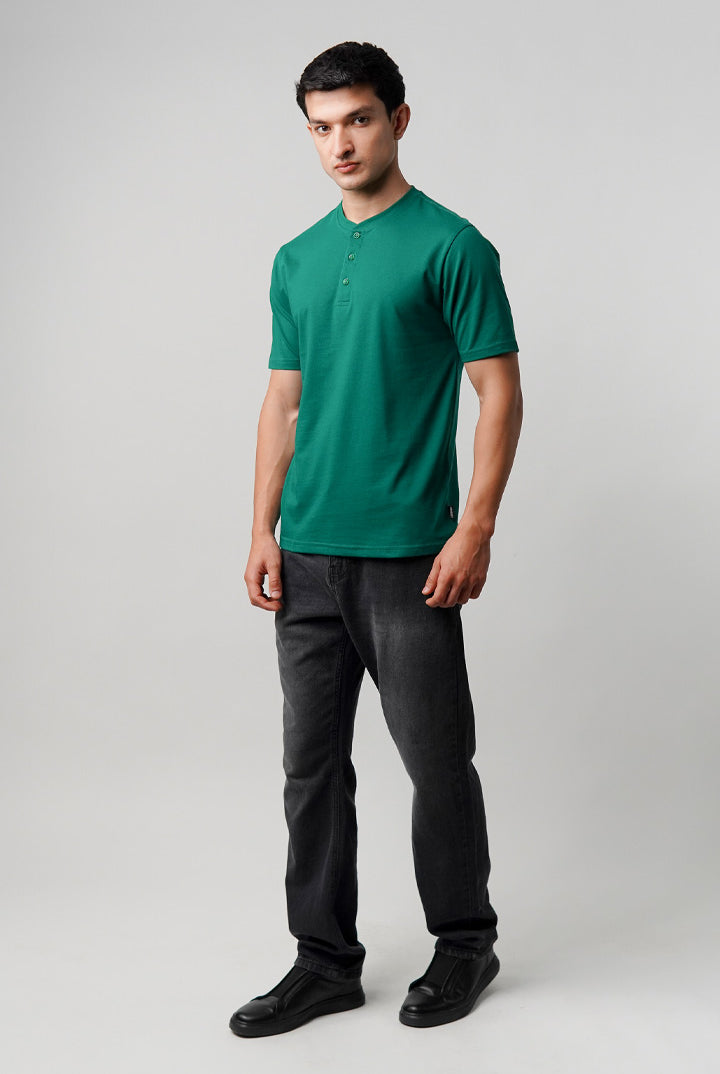 Regular Fit Henley T-Shirt - Green - Mendeez
