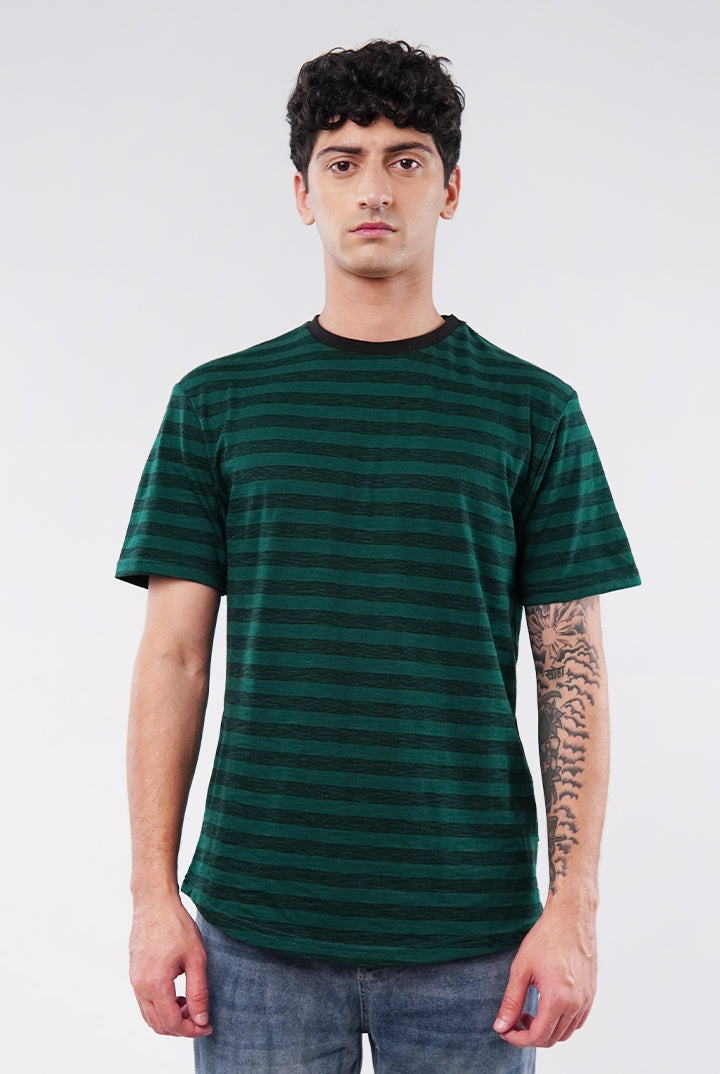 Striped Curved Hem T-Shirt - Green - Mendeez