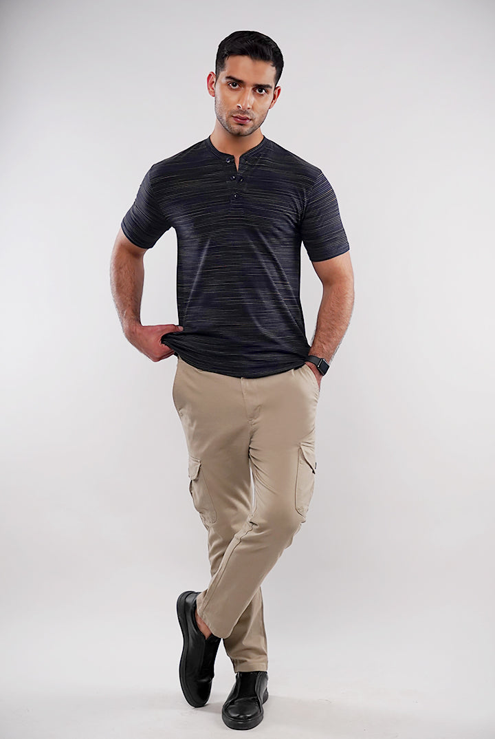 Textured Henley T-Shirt - Navy Blue - Mendeez
