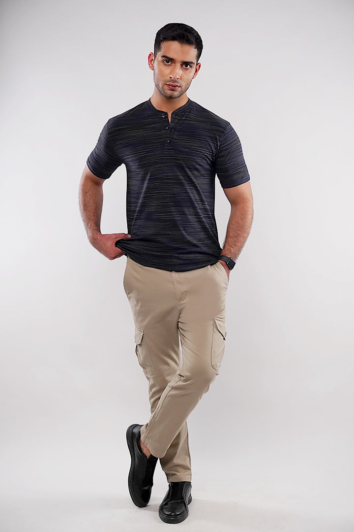 Textured Henley T-Shirt - Navy Blue - Mendeez