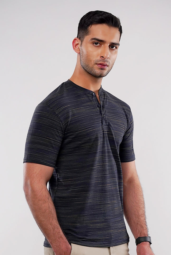 Textured Henley T-Shirt - Navy Blue - Mendeez