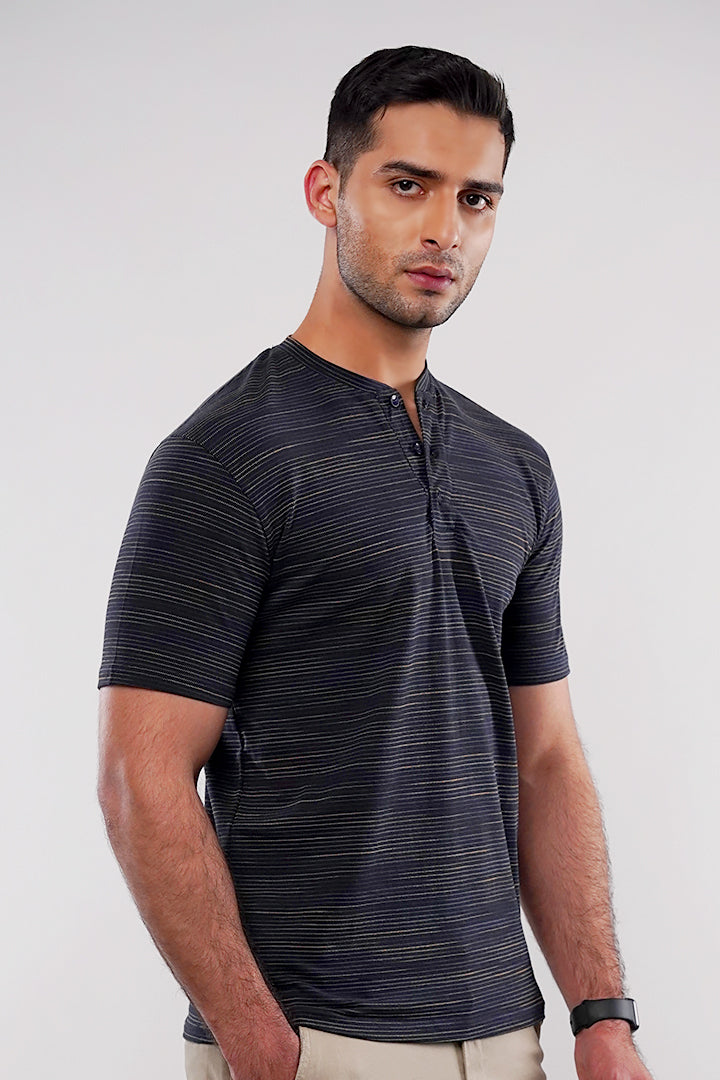 Textured Henley T-Shirt - Navy Blue - Mendeez