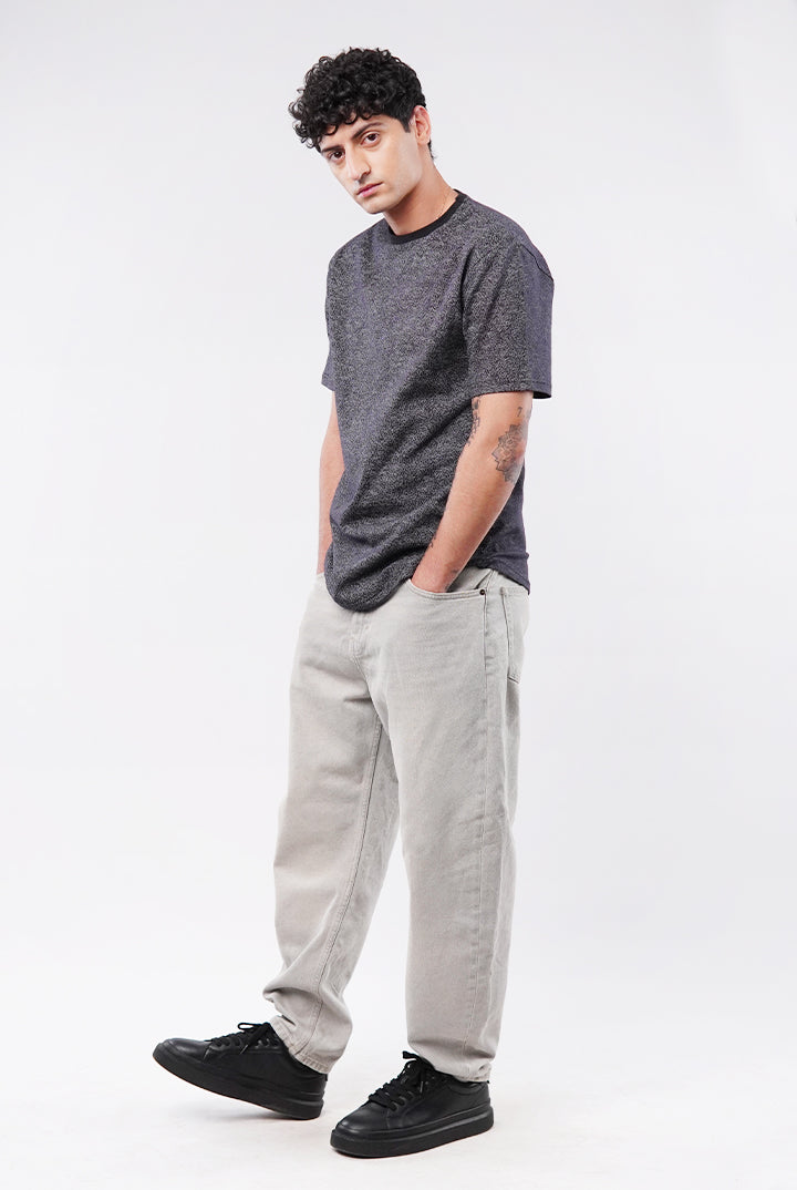 Printed Curved Hem T-Shirt - Black & Grey - Mendeez