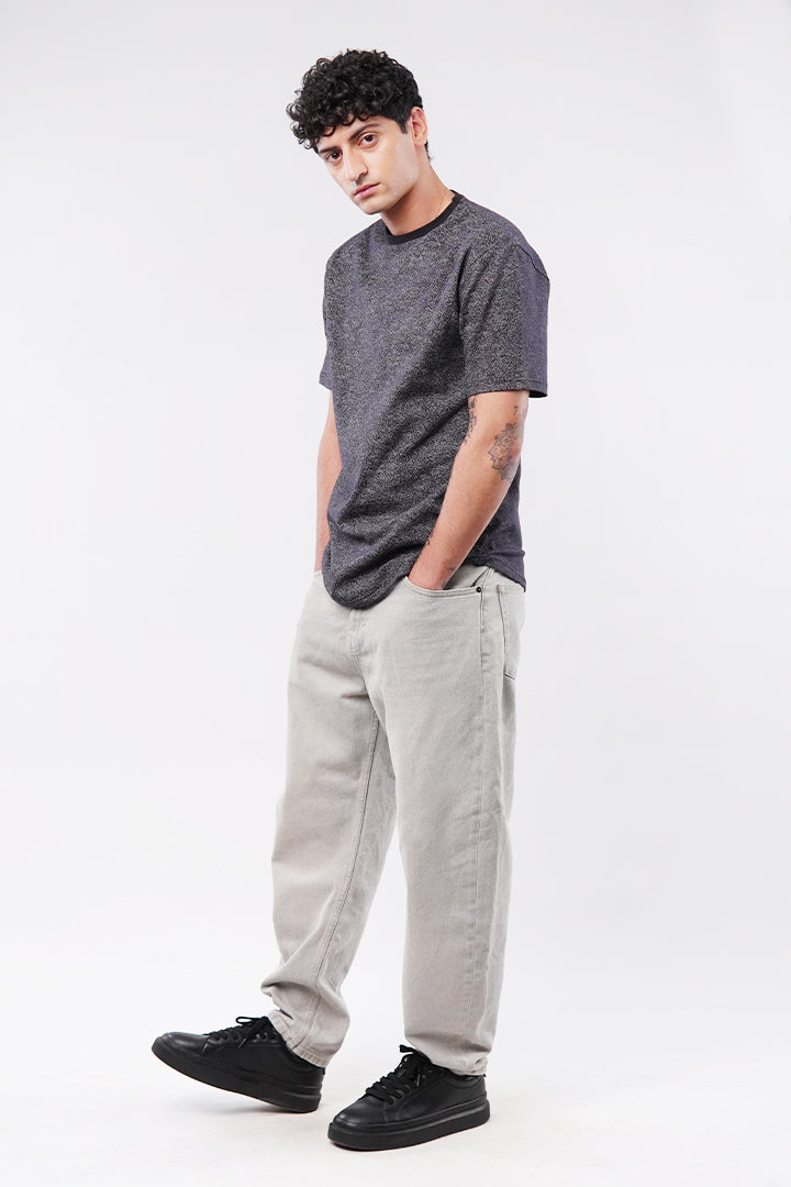 Printed Curved Hem T-Shirt - Black & Grey - Mendeez