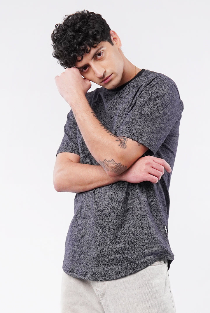 Printed Curved Hem T-Shirt - Black & Grey - Mendeez