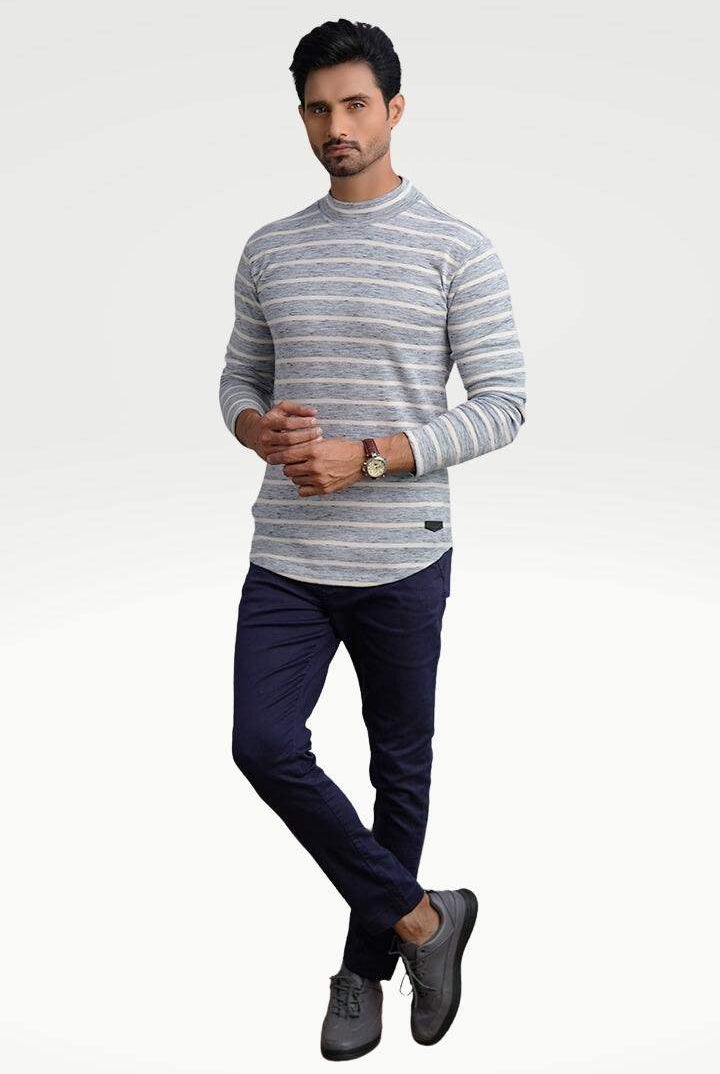 Misty Gray Mock Neck Striped Sweatshirt - Mendeez PK