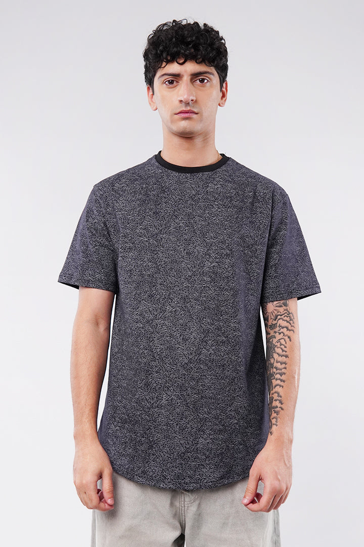 Printed Curved Hem T-Shirt - Black & Grey - Mendeez