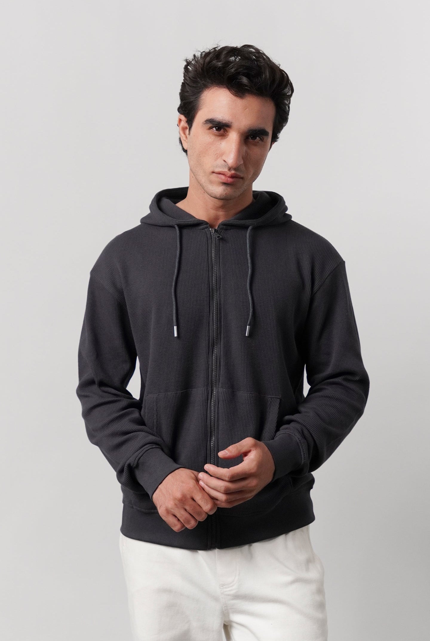 Textured Zipper Hoodie - Charcoal Grey - Mendeez