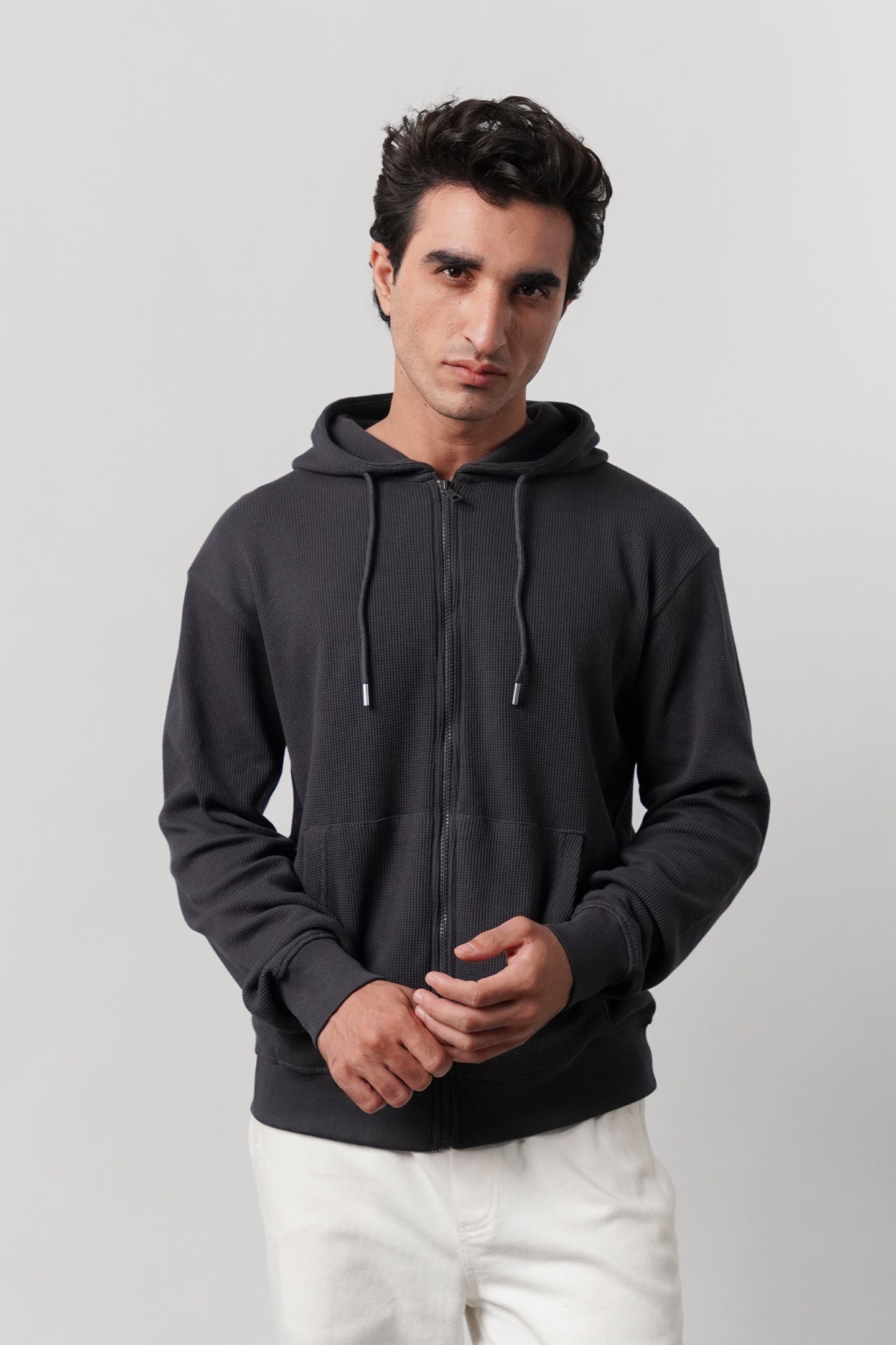 Textured Zipper Hoodie - Charcoal Grey - Mendeez